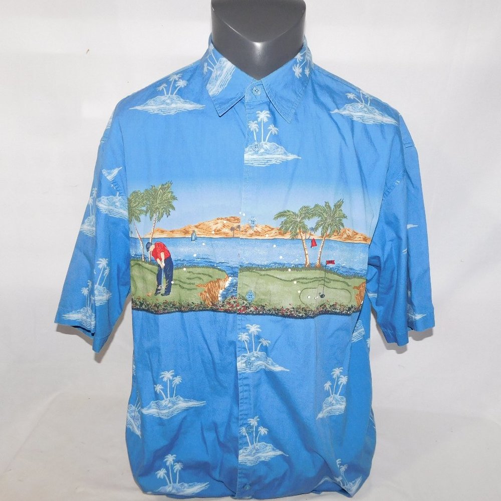 RETREAT Mens L  Island Golf Scene Blue Button Front Short Sleeve Shirt